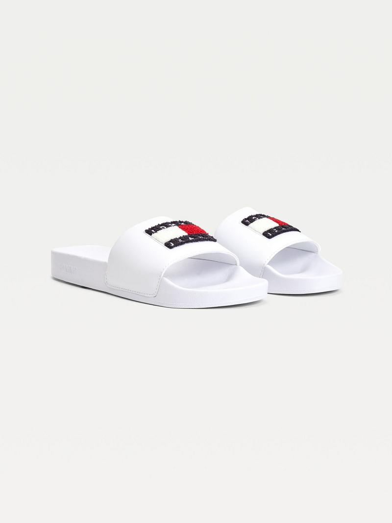 White Women\'s Tommy Hilfiger Terry Logo Pool Slides | AU_W21622