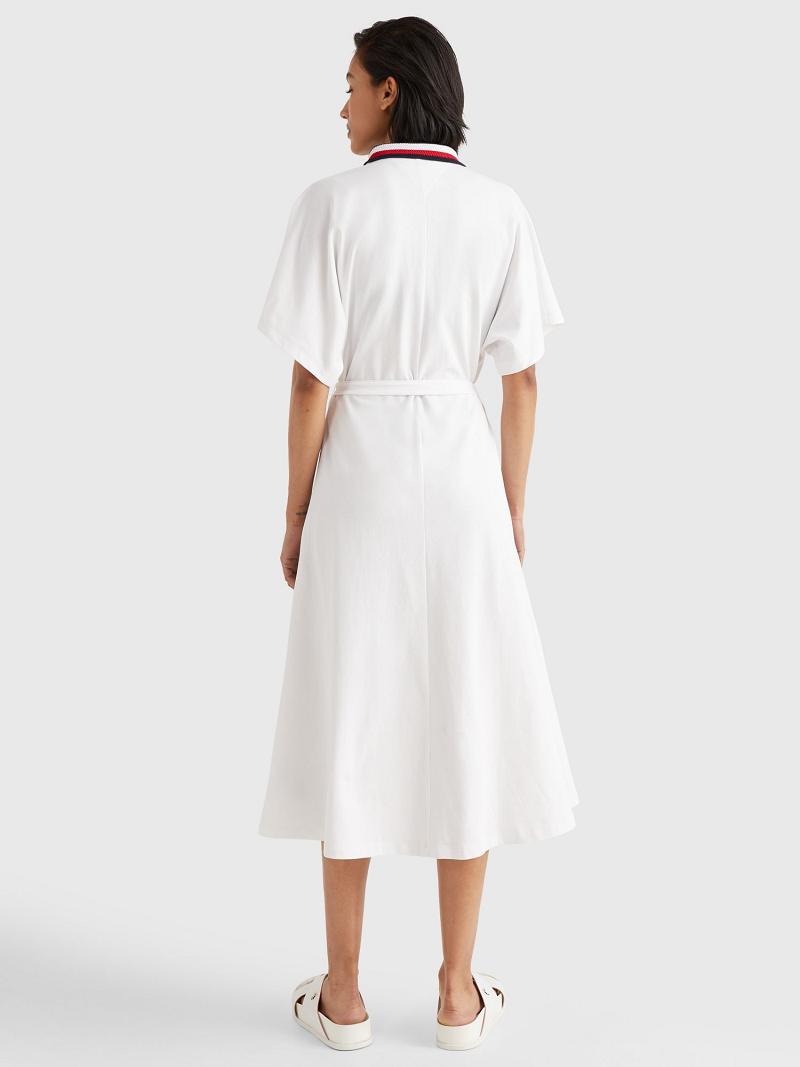 White Women's Tommy Hilfiger Tie-Waist Pique Polo Dresses | AU_W21132