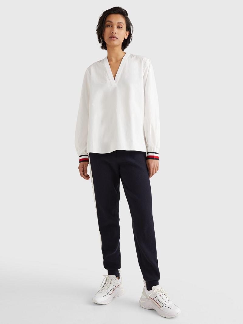 White Women's Tommy Hilfiger V-Neck Blouses | AU_W21021