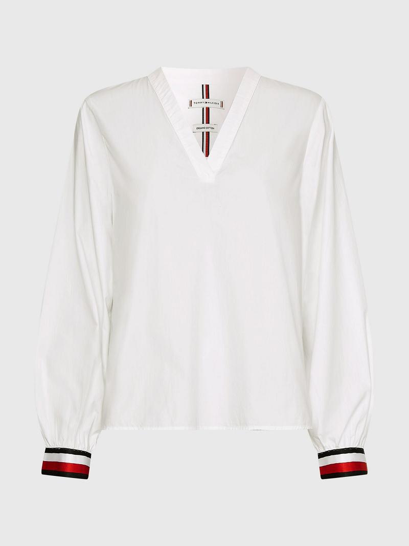 White Women's Tommy Hilfiger V-Neck Blouses | AU_W21021