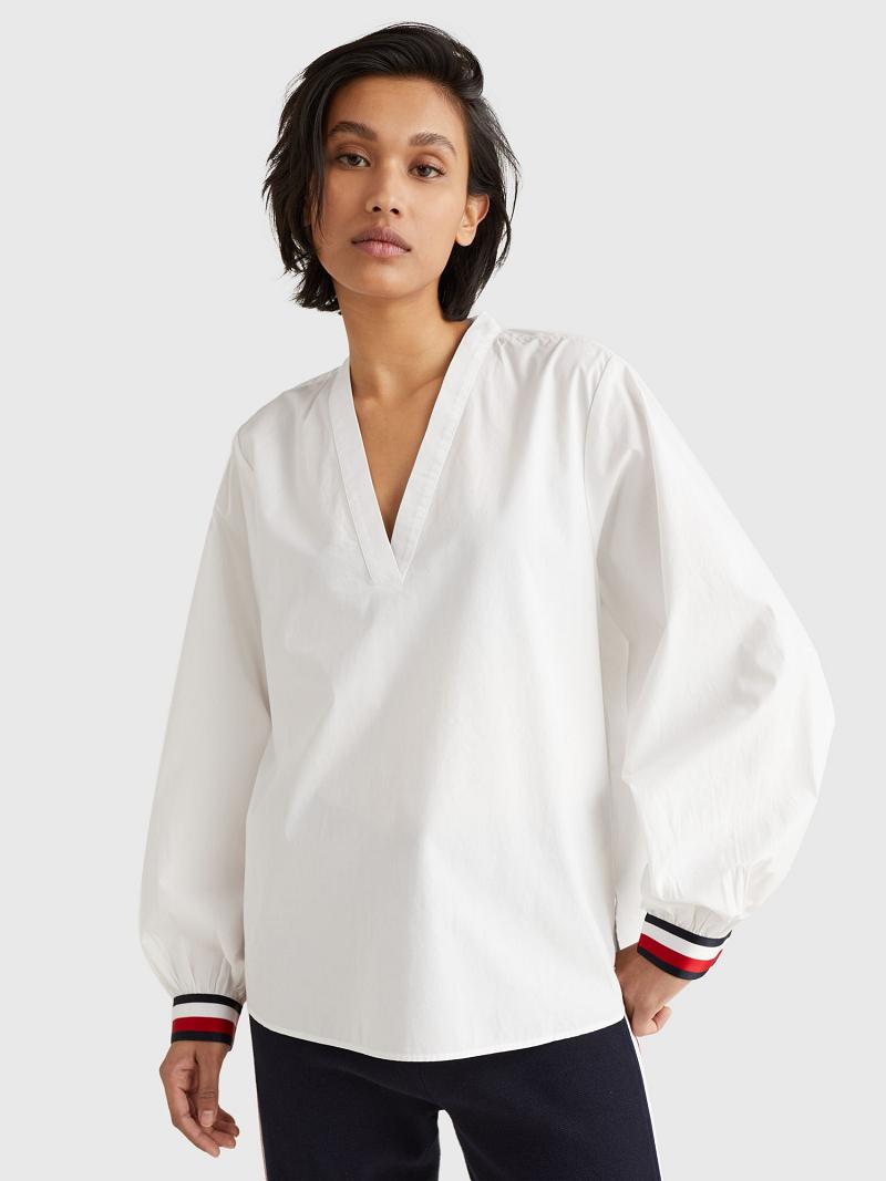 White Women\'s Tommy Hilfiger V-Neck Blouses | AU_W21021