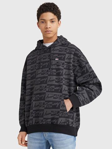 Black / Grey Men's Tommy Hilfiger Signature print Hoodies | AU_M31462