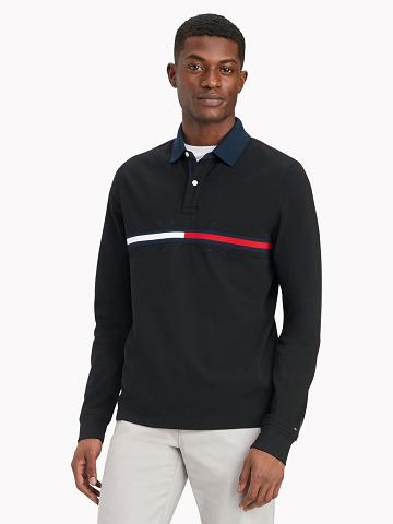 Black Men's Tommy Hilfiger Regular fit long-sleeve bar stripe Polos | AU_M31298