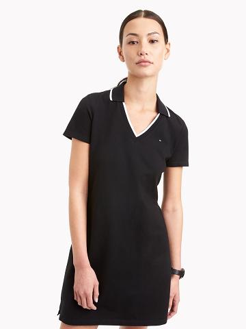 Black Women's Tommy Hilfiger Essential V-Neck Polo Dresses | AU_W21084