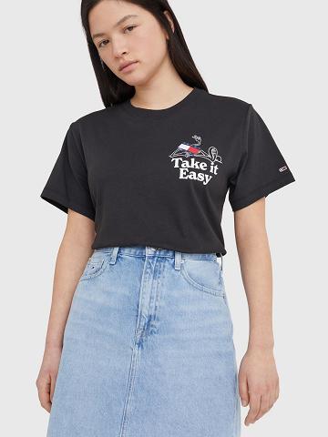 Black Women's Tommy Hilfiger Take It Easy Logo T Shirts | AU_W21482