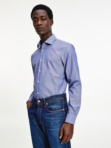 Blue Men's Tommy Hilfiger Slim fit non-iron flex collar microprint Shirts | AU_M31280