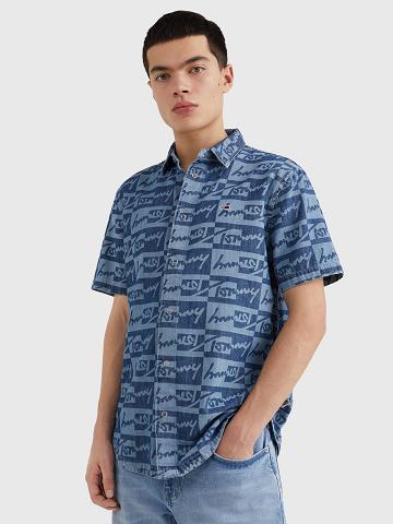 Blue Men's Tommy Hilfiger Tonal signature print denim Shirts | AU_M31284