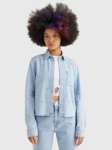 Blue Women's Tommy Hilfiger Cropped Logo Denim Shirts | AU_W21279