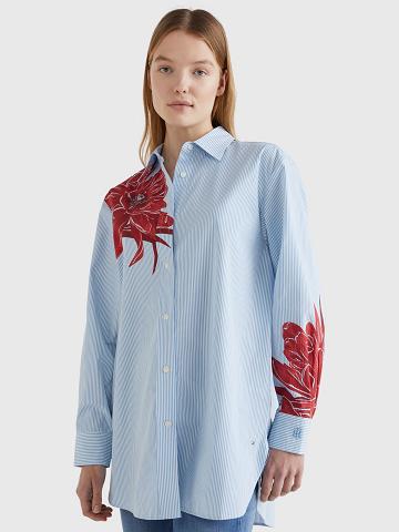 Blue Women's Tommy Hilfiger Floral Stripe Shirts | AU_W21281