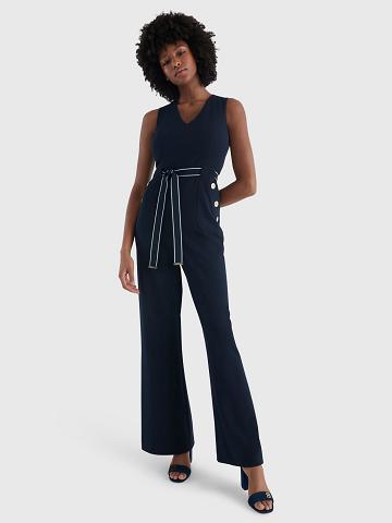 Blue Women's Tommy Hilfiger Sleeveless Belted Jumpsuit Dresses | AU_W21119