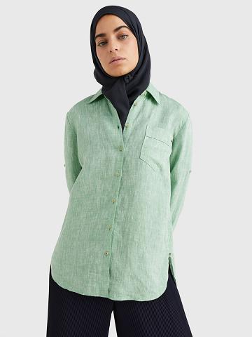 Green Women's Tommy Hilfiger Linen Long-Sleeve Shirts | AU_W21285