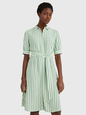 Green Women's Tommy Hilfiger Stripe Tie-Waist Shirtdress Dresses | AU_W21128