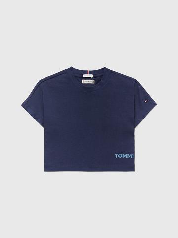 Navy Kids' Tommy Hilfiger Back Logo Shimmer T Shirts | AU_G1226