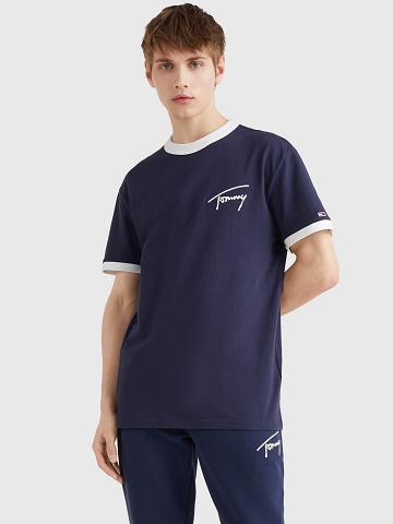 Navy Men's Tommy Hilfiger Signature T Shirts | AU_M31067