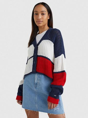 Navy / Multicolor Women's Tommy Hilfiger Cropped Colorblock Cardigan Sweaters | AU_W21343