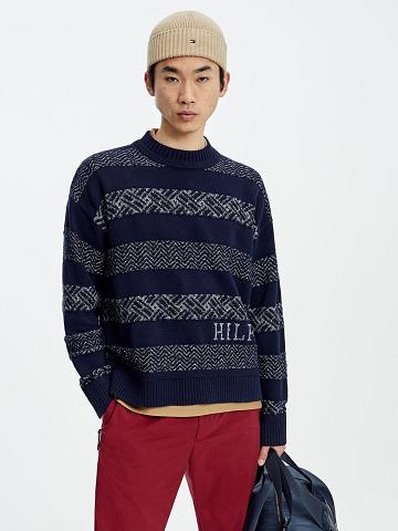 Navy / White Men's Tommy Hilfiger Oversized fair isle logo Sweaters | AU_M31169