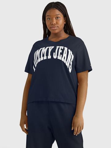 Navy Women's Tommy Hilfiger Curve Oversized Cropped Collegiate T Shirts | AU_W21441