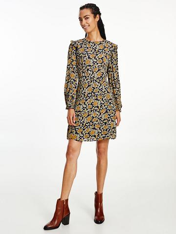 Olive Women's Tommy Hilfiger Floral Crepe Long-Sleeve Dresses | AU_W21089