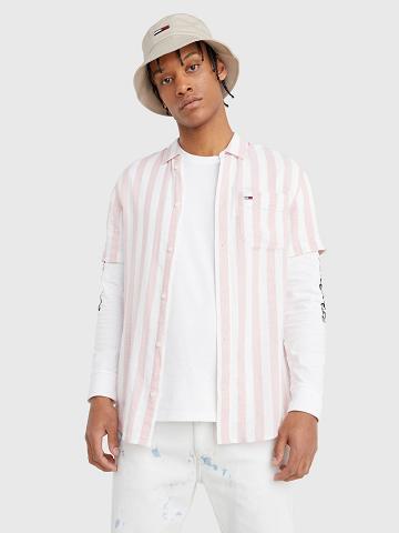 Pink / White Men's Tommy Hilfiger Linen mix stripe Shirts | AU_M31262