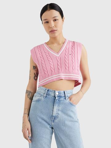 Pink Women's Tommy Hilfiger Cropped Cable Knit Vest Sweaters | AU_W21342