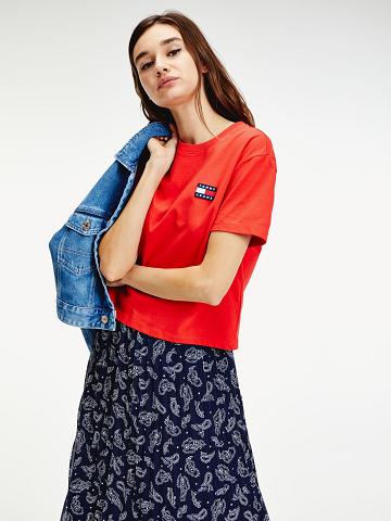 Red Women's Tommy Hilfiger Recycled Tommy Badge T Shirts | AU_W21474