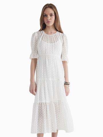 White Women's Tommy Hilfiger Chiffon Tiered Maxi Dresses | AU_W21047