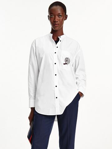 White Women's Tommy Hilfiger Icon Organic Cotton Crest Boyfriend Shirts | AU_W21284