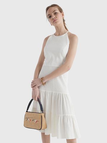 White Women's Tommy Hilfiger Solid Tiered Halter Dresses | AU_W21124